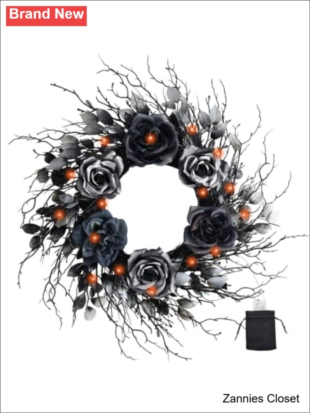 👻 22 Inch Halloween Wreath with 40 Orange LEDs Pre-Lit Silk Floral Door Wall